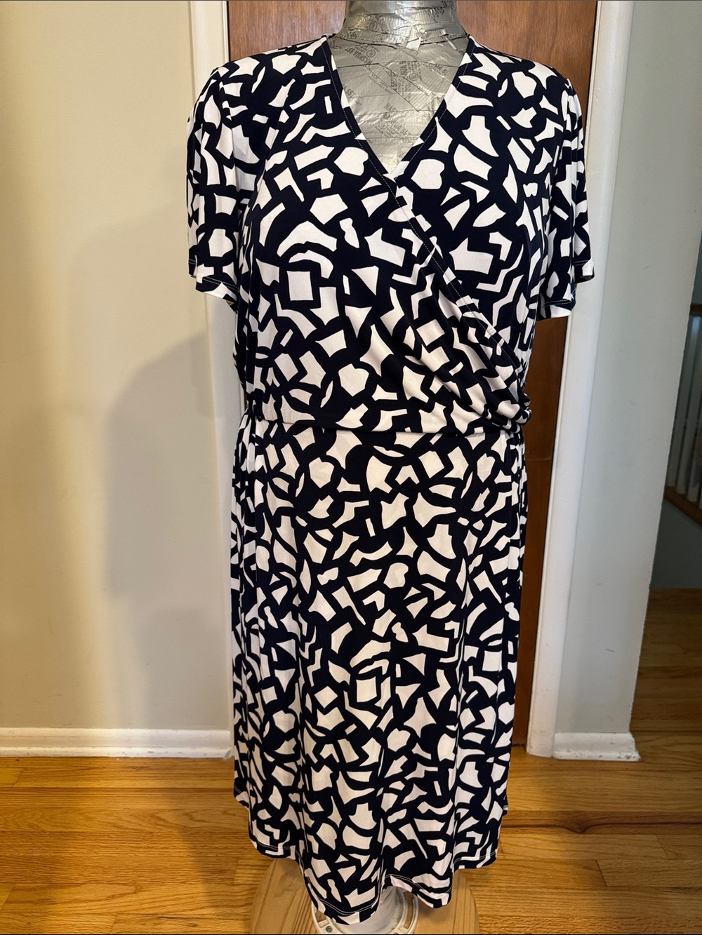 Susan Graver Liquid Knit Faux Wrap Dress - Navy and White